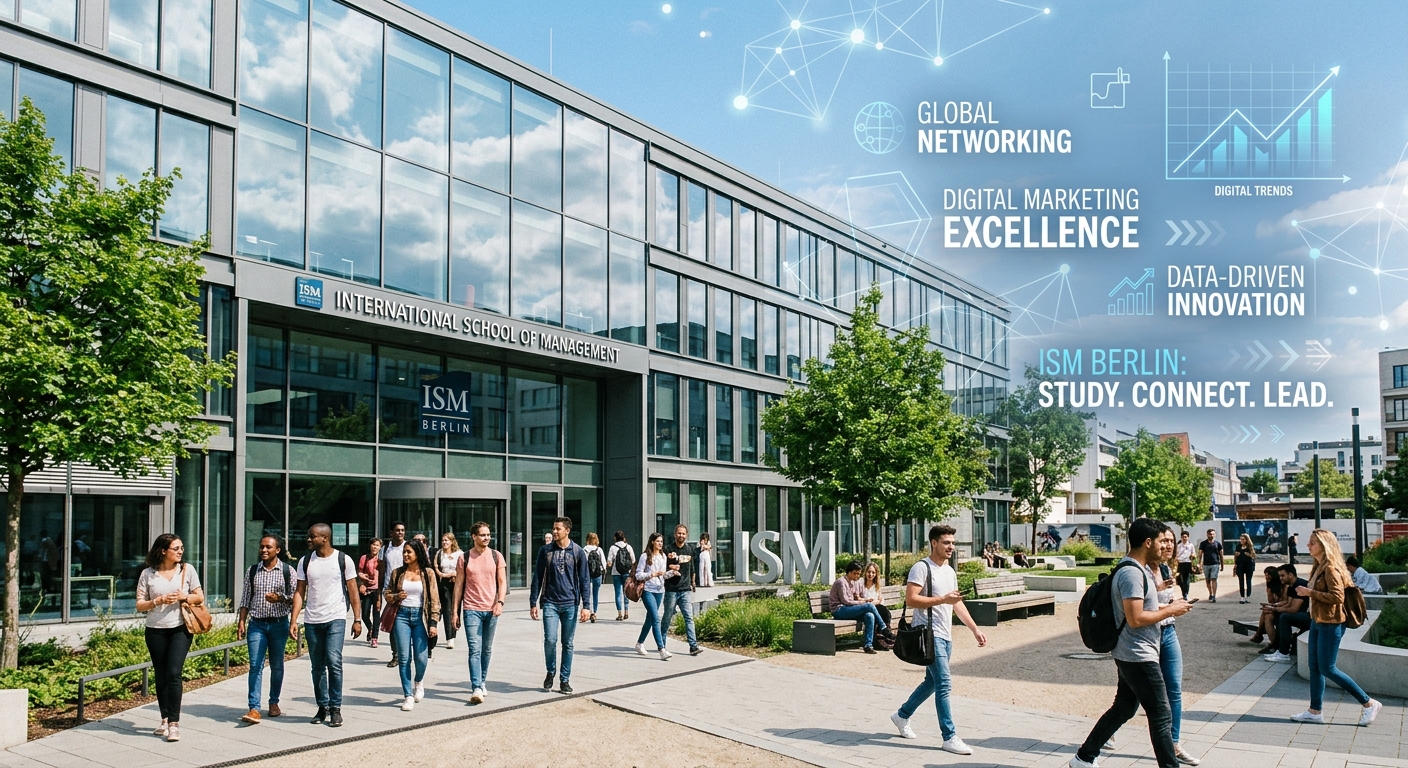 Modern ISM Berlin campus building exterior with glass facade, international students walking through a contemporary urban campus courtyard, digital marketing graphics subtly overlaid, bright daylight