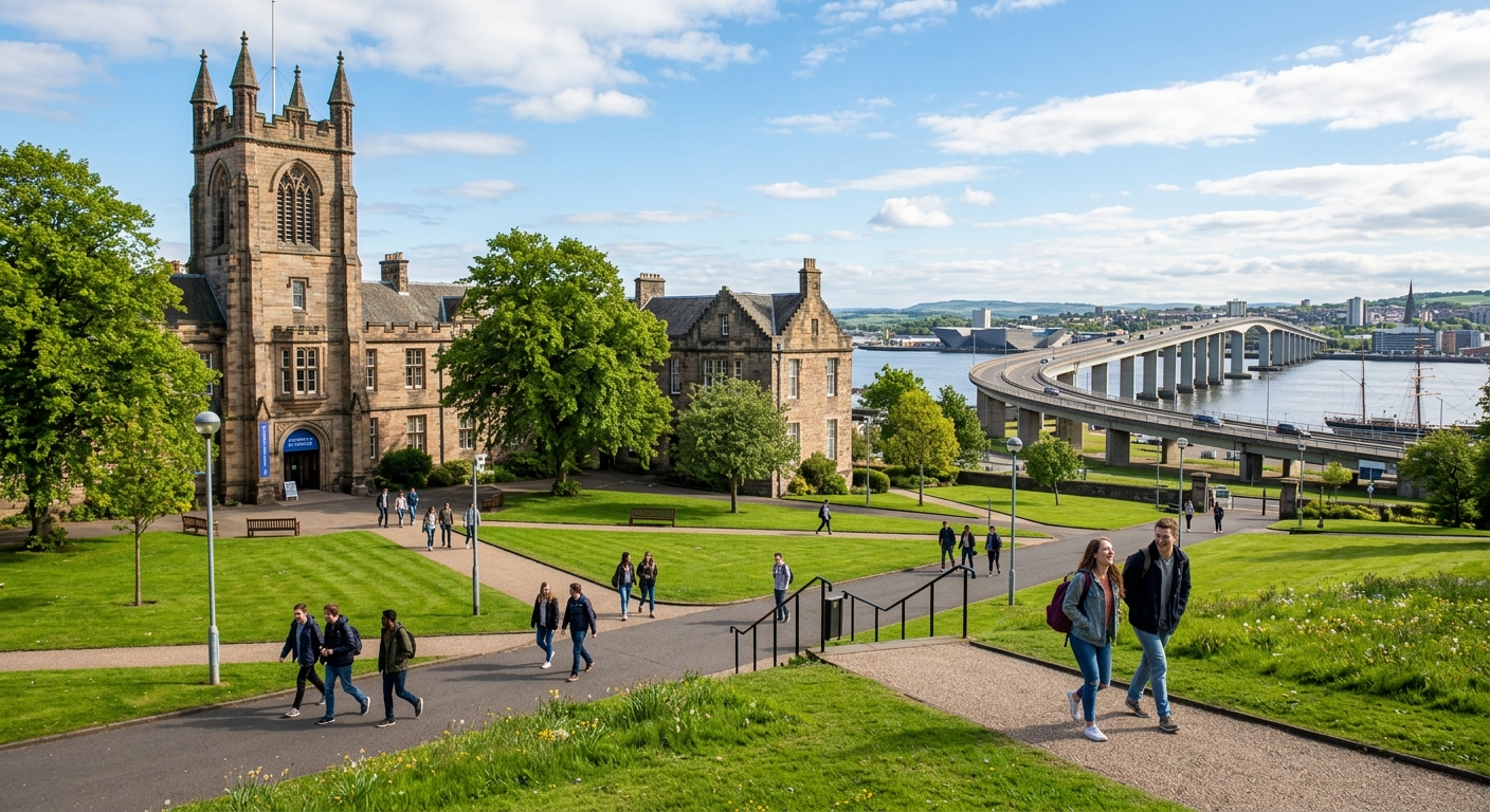 University of Dundee campus in Scotland with historic stone buildings, green lawns, and students walking along pathways with the River Tay visible in the background under a bright sky