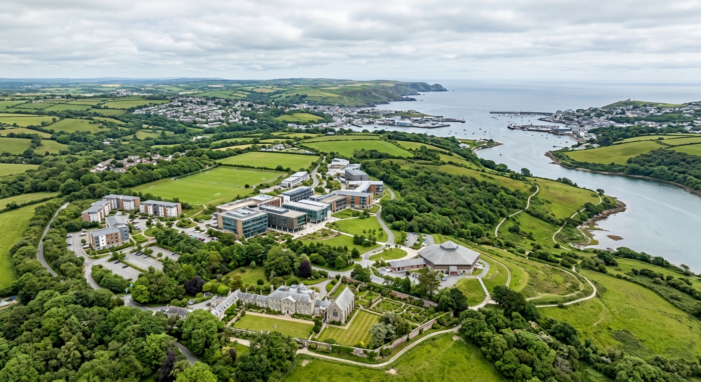 Aerial view of Falmouth University Penryn Campus set in rolling green parklands, Cornwall coastline visible in the background, modern university buildings alongside historic structures, bright overcast sky typical of coastal England