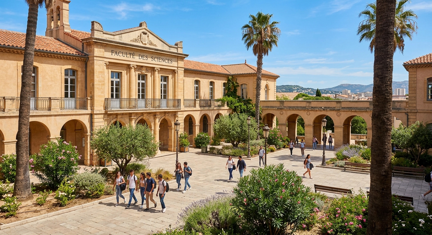 Aix-Marseille University Faculty of Sciences campus building with Mediterranean architecture, students walking through sunlit courtyard, palm trees and blue sky in Marseille, France