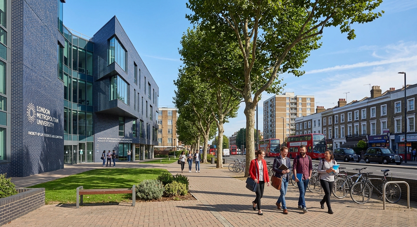 London Metropolitan University Holloway campus exterior with modern science building, trainee teachers walking through courtyard, urban London setting with trees and clear sky
