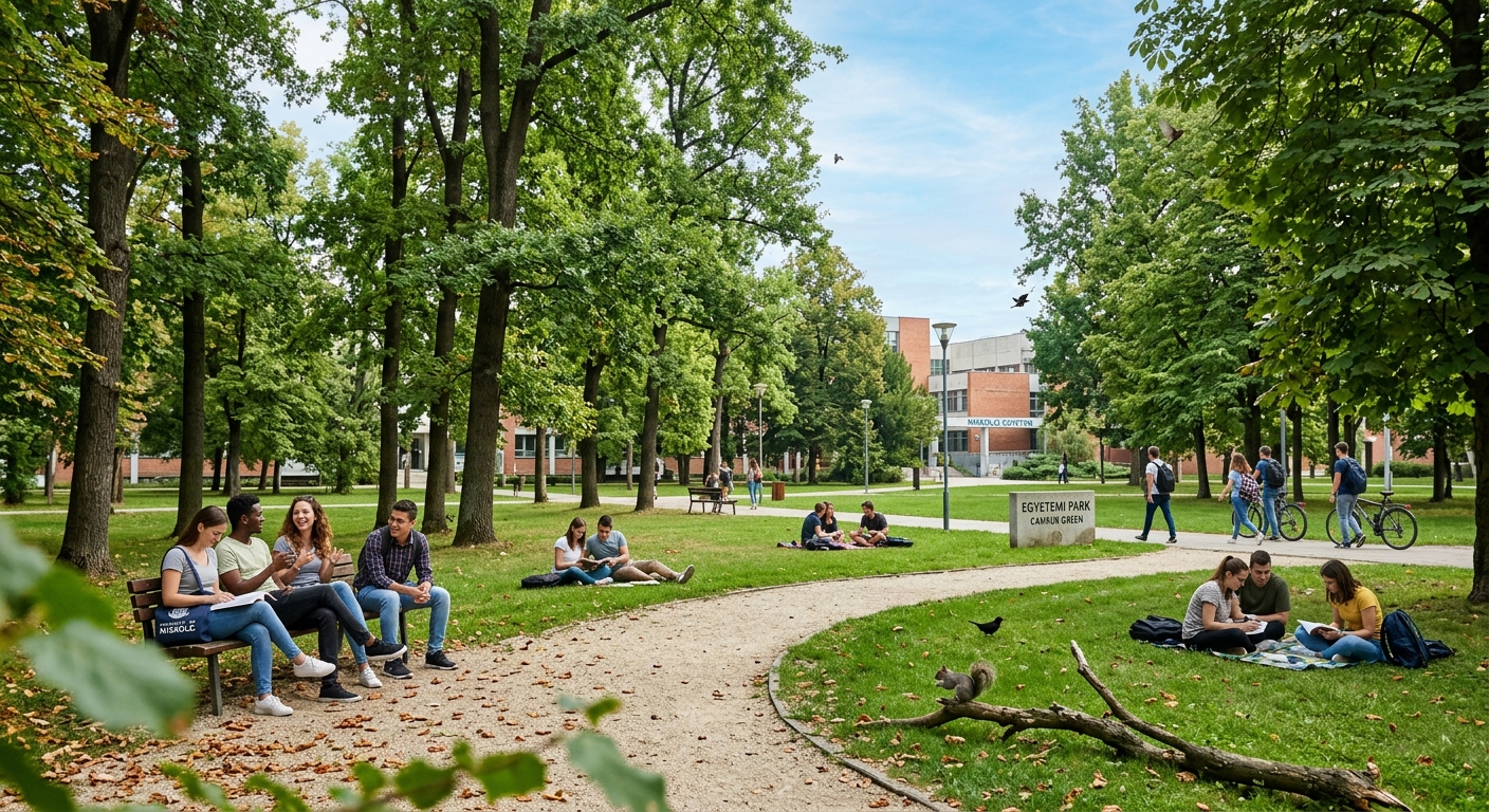 University of Miskolc campus green park area with tall trees, benches, and students relaxing, birds and squirrels visible