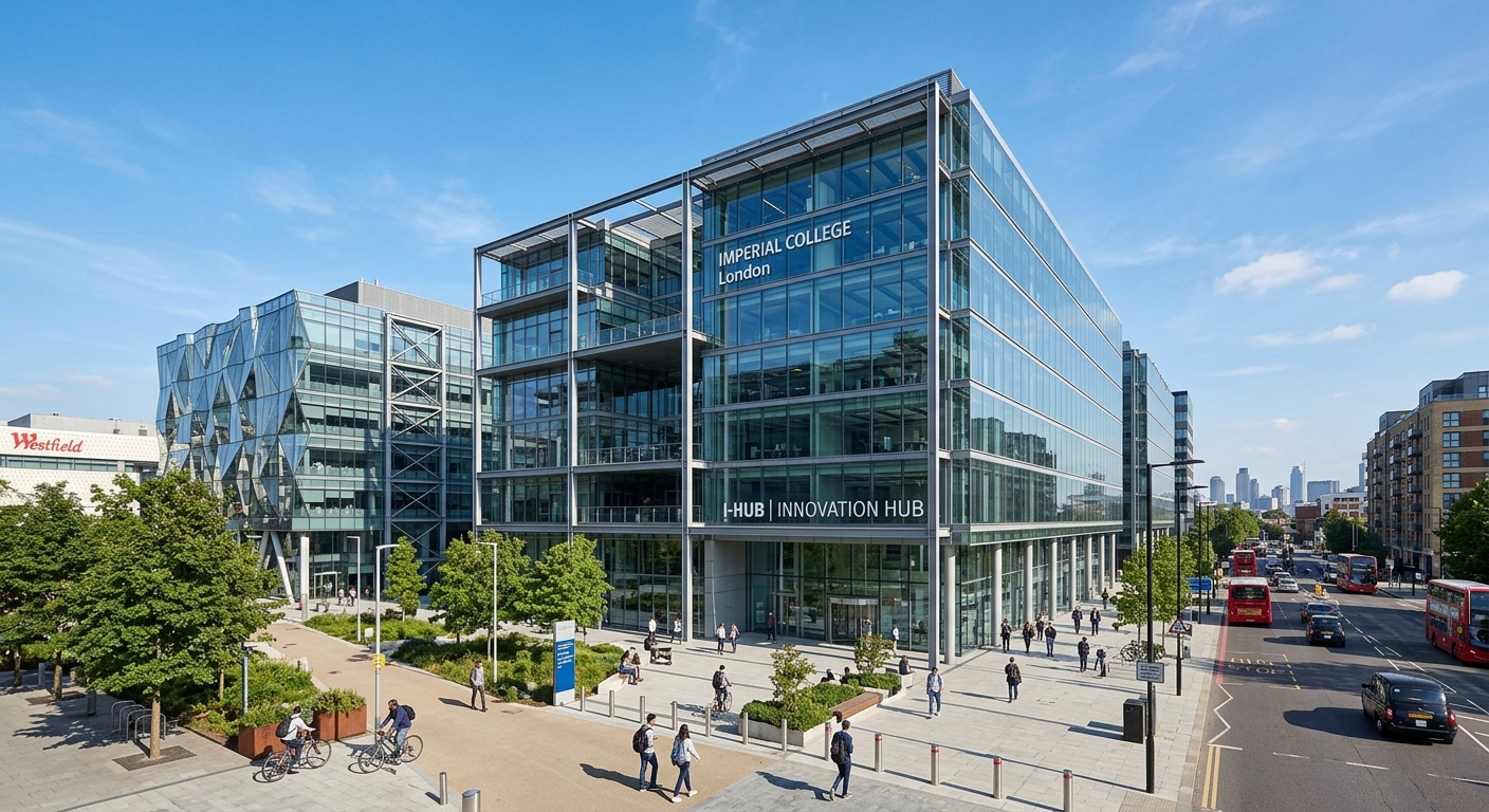 Imperial College London White City campus, modern glass and steel research buildings, innovation hub architecture, urban London setting with clear sky