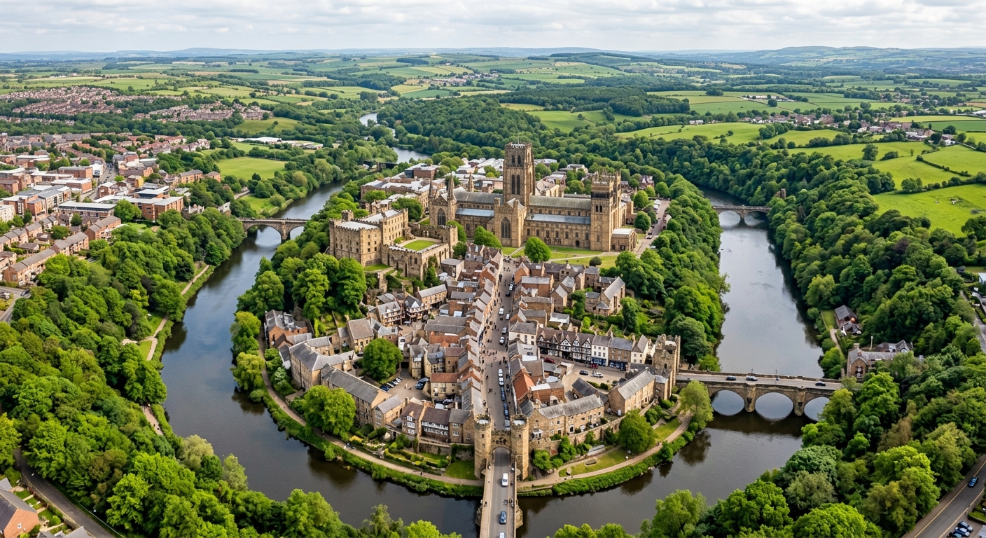 Aerial view of Durham city centre showing Durham Cathedral and Castle on the peninsula formed by the River Wear, medieval streets, green riverbanks, and surrounding English countryside