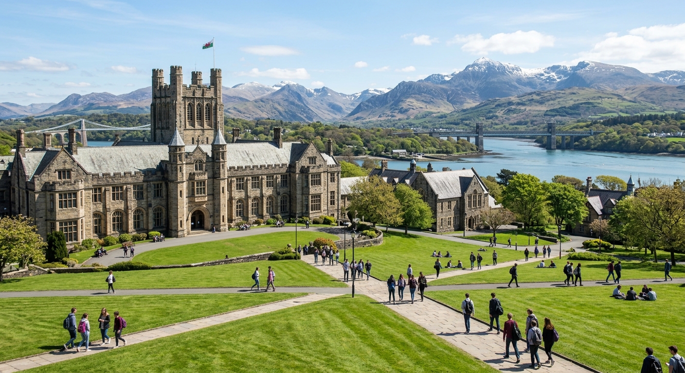 Bangor University campus with historic stone buildings set against the backdrop of Snowdonia mountains and the Menai Strait, students walking across green lawns on a bright day