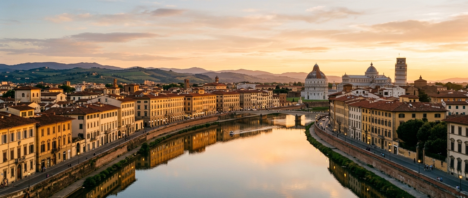 Panoramic view of Pisa cityscape along the Arno River at golden hour, with historic buildings reflected in the water, the Leaning Tower and Cathedral visible in the distance, Tuscan hills on the horizon
