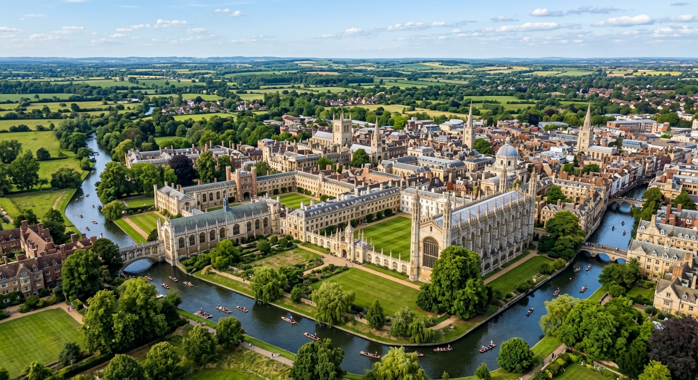 Aerial view of Cambridge city centre, River Cam winding through green college gardens, historic spires and rooftops, the Backs with punts on the water, English countryside in the distance