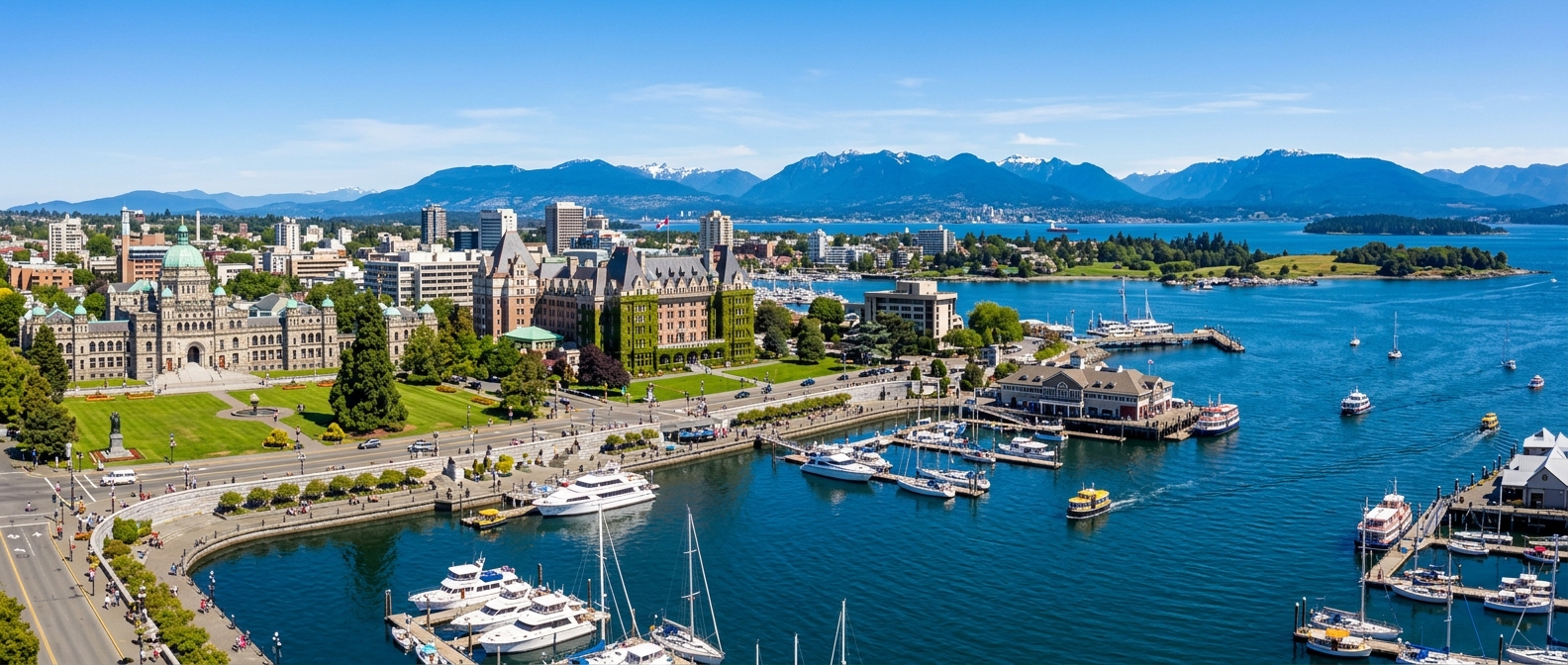 Panoramic view of Victoria British Columbia waterfront with Inner Harbour, historic Parliament Buildings, and Empress Hotel, surrounded by mountains and blue ocean waters, clear sunny day