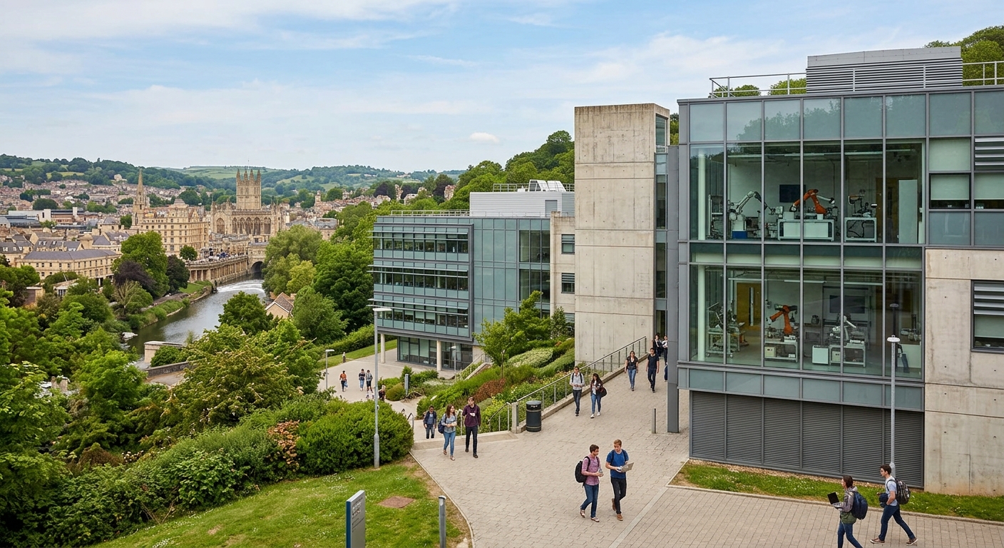 University of Bath campus overlooking the historic city of Bath, modern engineering building with robotics laboratory, green hillside setting with students walking between contemporary concrete and glass buildings