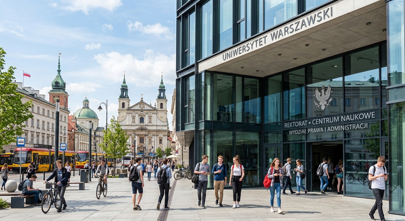 Modern university campus building in central Warsaw, Poland, with students walking near the entrance, urban cityscape with historic architecture in the background, bright daylight