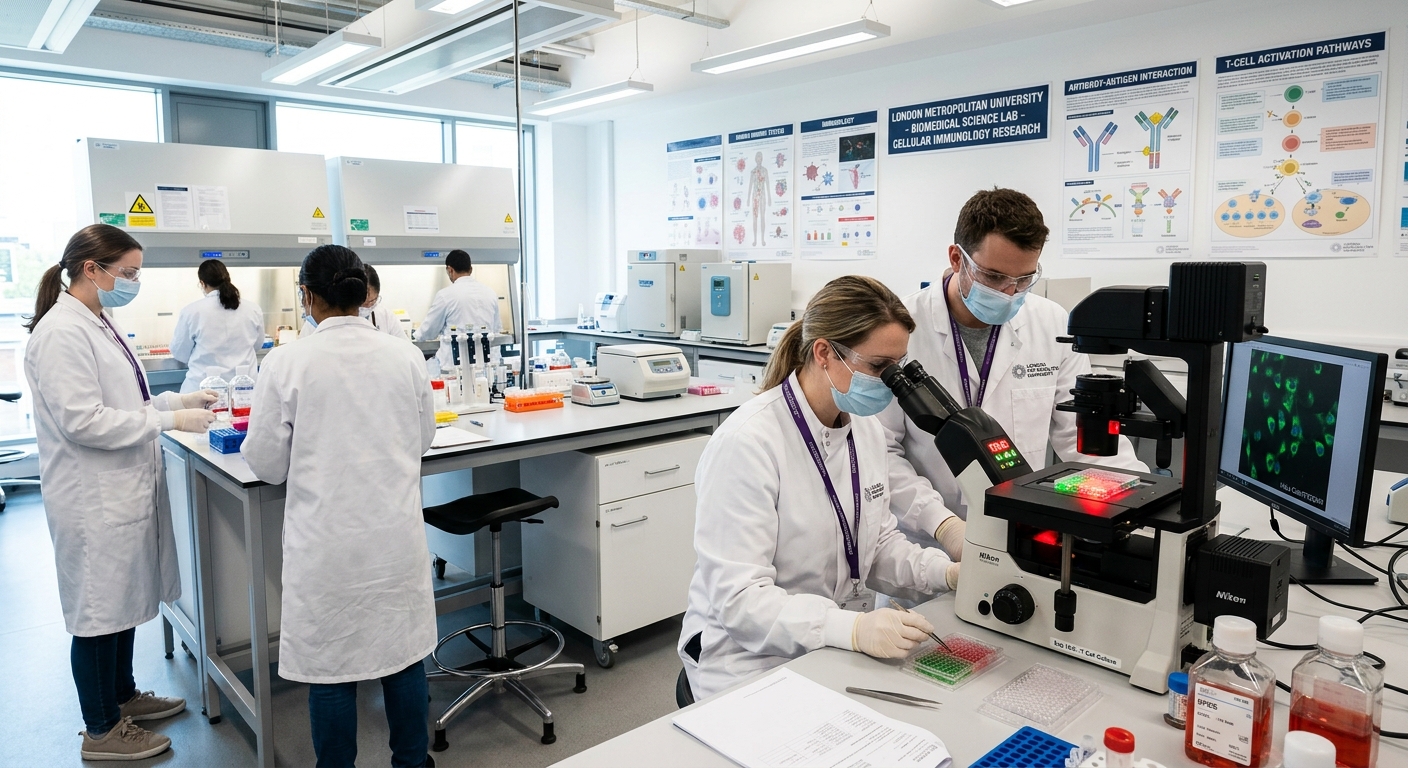 Modern biomedical science laboratory at London Metropolitan University with researchers in white coats examining cell cultures under fluorescent microscopes, immunology posters on walls, bright clinical lighting