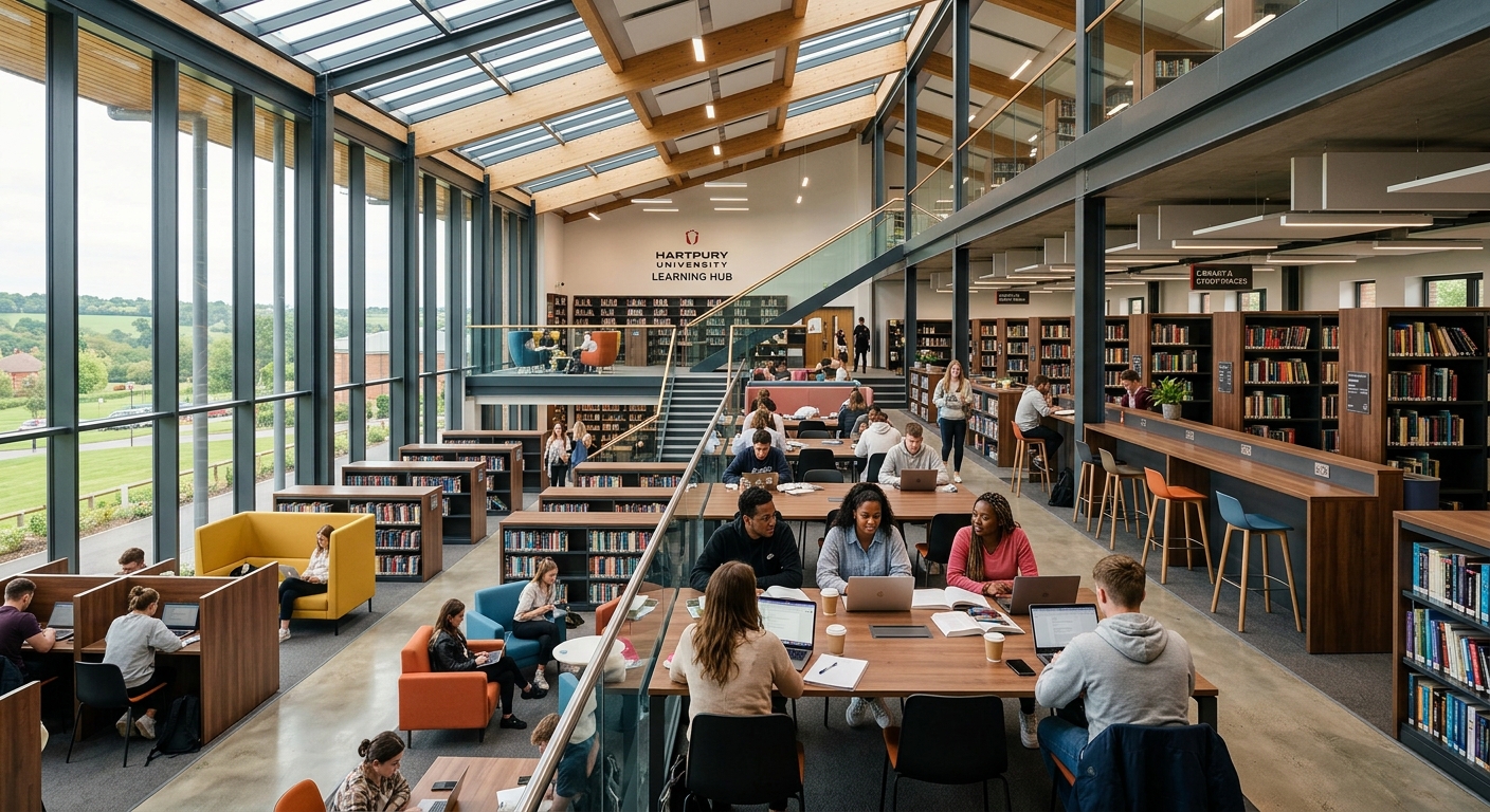 Hartpury University Learning Hub modern library interior with students studying, open-plan design, natural light, contemporary furniture and bookshelves