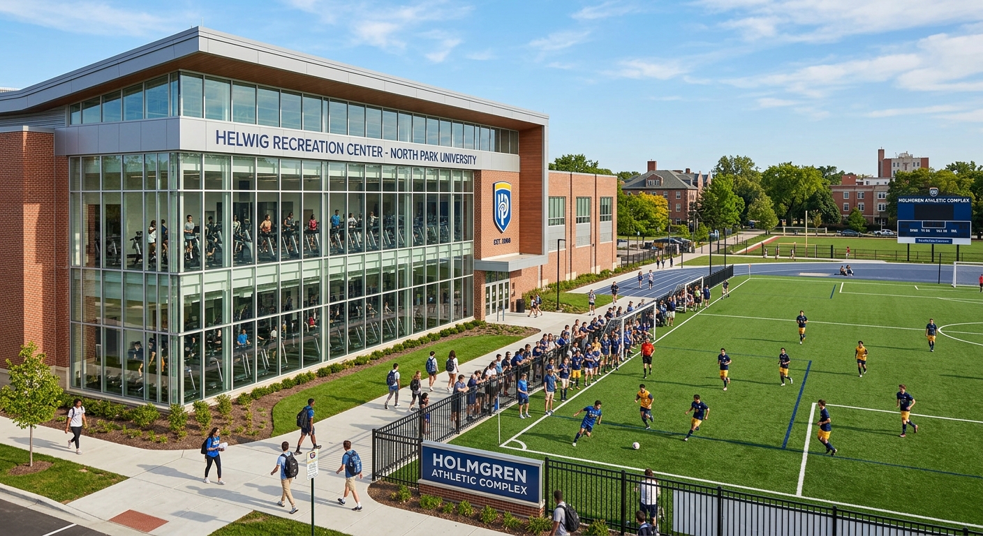 Helwig Recreation Center and Holmgren Athletic Complex at North Park University, modern sports facility with students exercising and playing sports