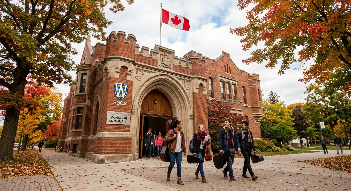 Historic Windsor Armouries building housing the School of Creative Arts at the University of Windsor, with students carrying instrument cases walking through the entrance, warm brick facade, Canadian flag visible, autumn campus setting