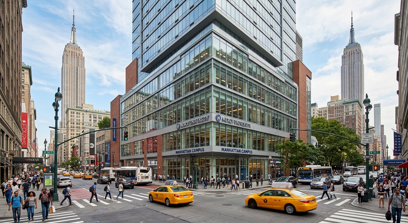 Mercy University Manhattan campus at Herald Square, 34th Street New York City, modern urban campus building with large windows overlooking bustling midtown Manhattan, Empire State Building visible in background, daytime city atmosphere