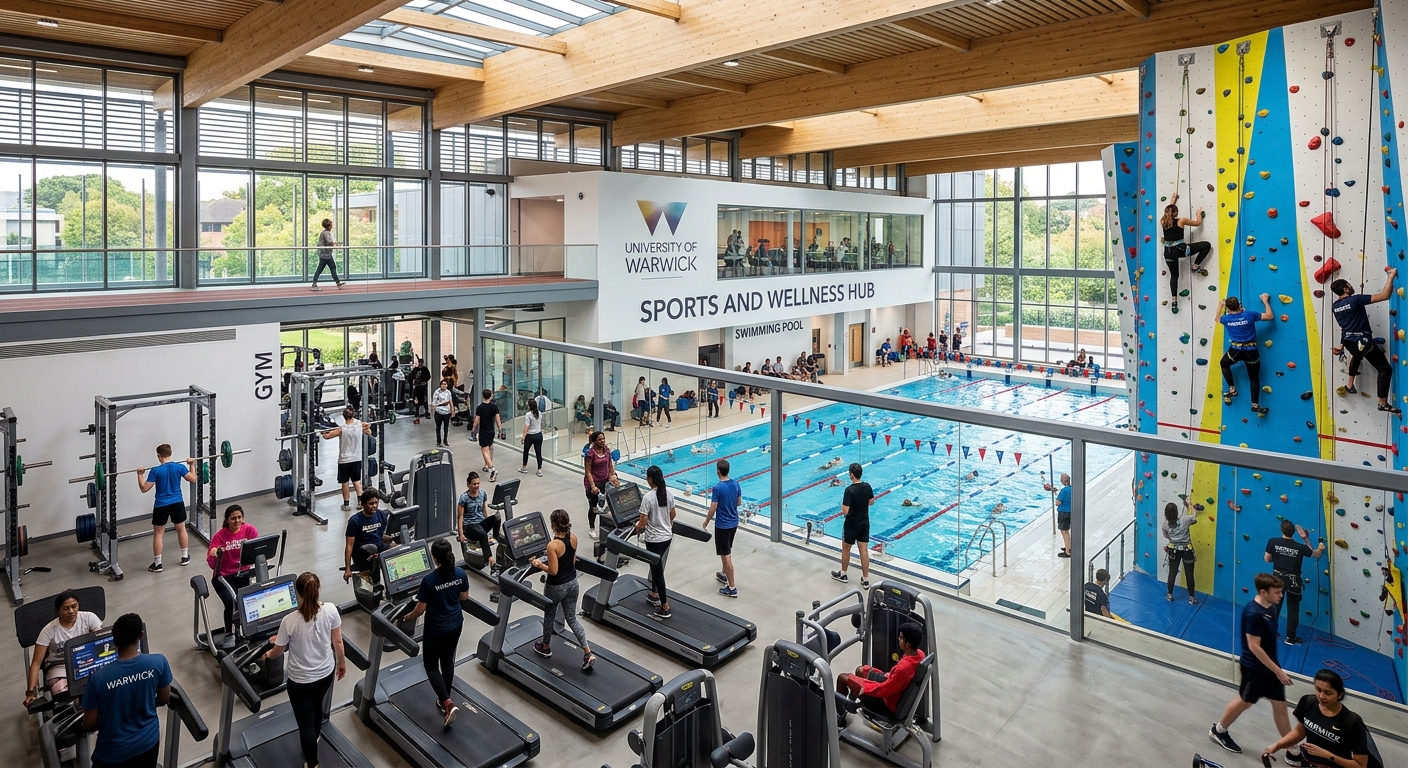 University of Warwick Sports and Wellness Hub, a modern sports facility with a large swimming pool, climbing walls, and a state-of-the-art gym with students exercising