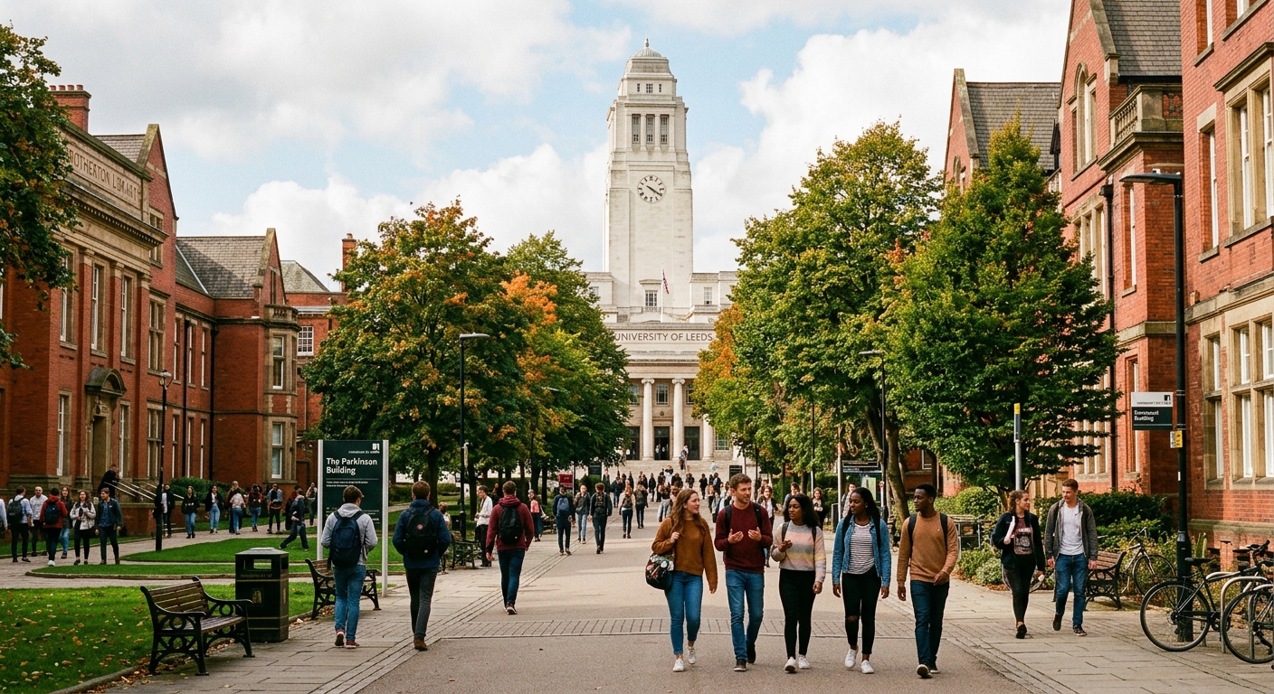 University of Leeds campus with the iconic Parkinson Building in the background, students walking through tree-lined paths, red brick architecture, vibrant academic atmosphere in Leeds, United Kingdom