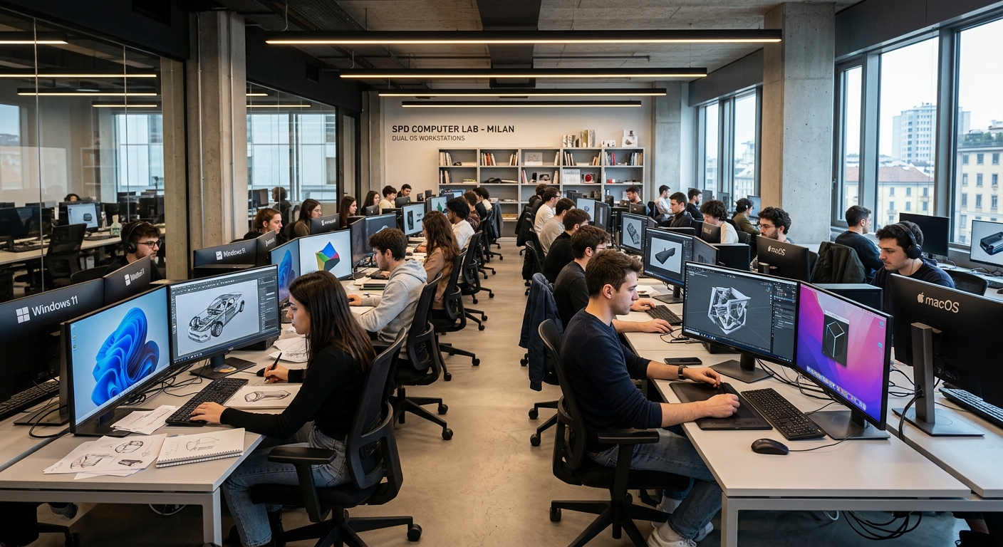 SPD computer lab with dual-operating-system workstations, students using 3D rendering and modeling software, modern interior with professional lighting, Milan campus