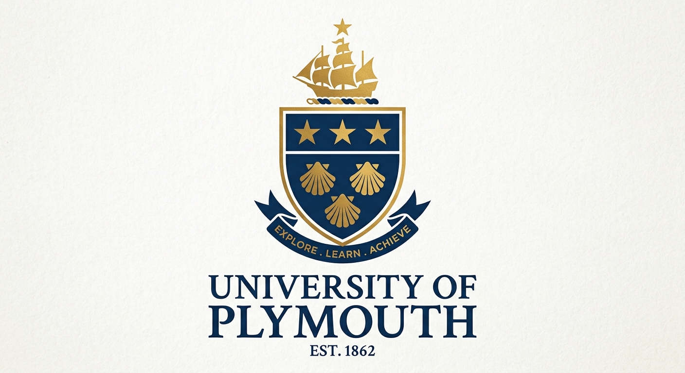 University of Plymouth official logo featuring a shield with scallop shells and stars representing navigation and pilgrimage, in dark blue and gold colors