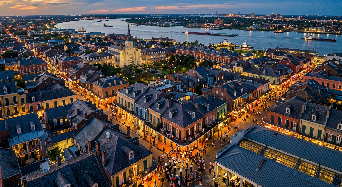 New Orleans French Quarter aerial view at dusk, colorful historic buildings with wrought-iron balconies, street musicians, warm ambient lighting, Mississippi River in background