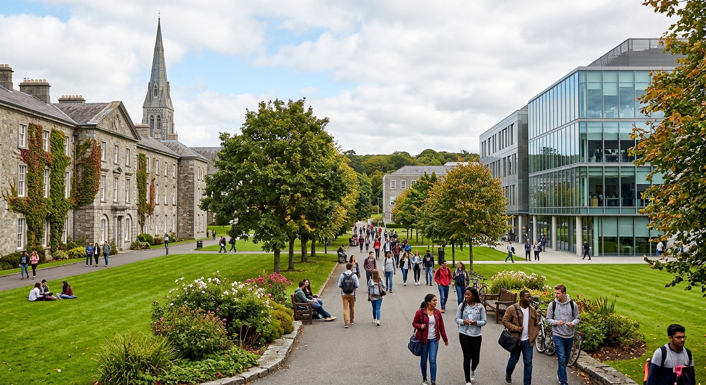 Maynooth University campus with historic stone buildings and modern facilities, green lawns, students walking along tree-lined paths, County Kildare Ireland, mix of Georgian architecture and contemporary glass-fronted computer science building