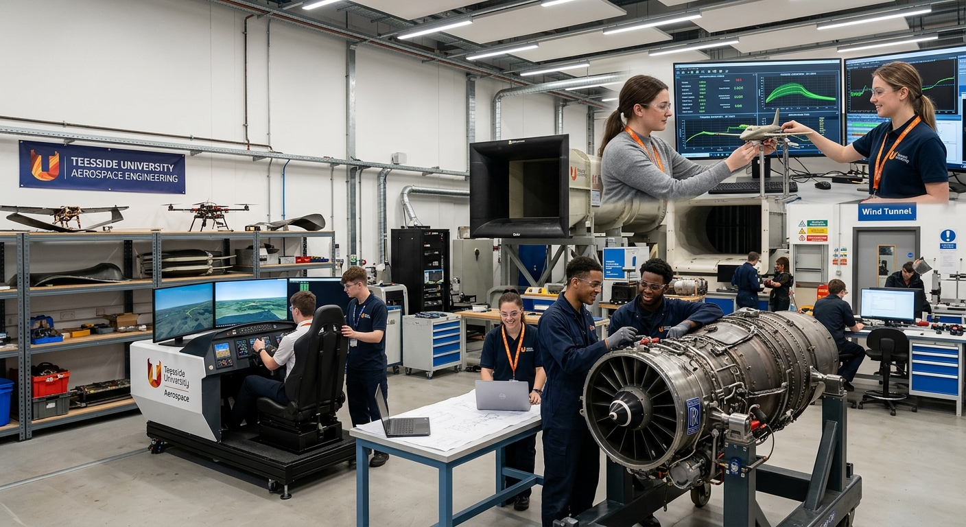 Modern aerospace engineering laboratory at Teesside University campus in Middlesbrough, students working with wind tunnel equipment and flight simulator, industrial engineering workshop with aircraft components, bright overhead lighting