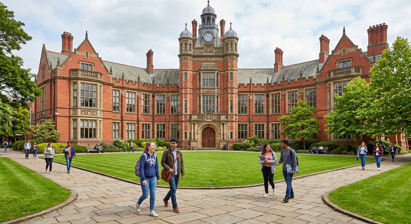 Firth Court at the University of Sheffield, a grand red brick Edwardian building with ornate stonework, green quad in front, students walking on pathways
