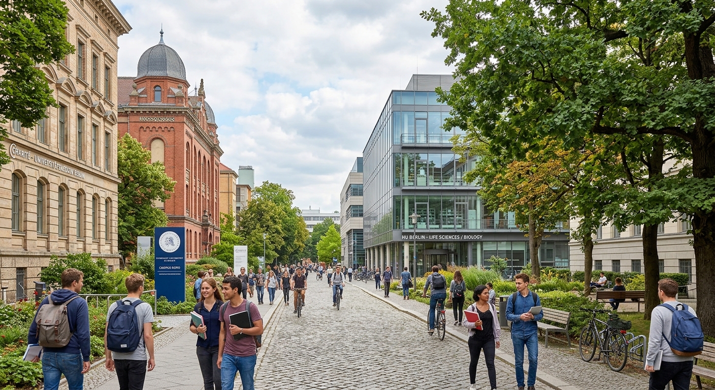 Humboldt University Campus Nord with the historic Charité hospital buildings, tree-lined pathways, mix of classical and modern architecture, life sciences research facilities