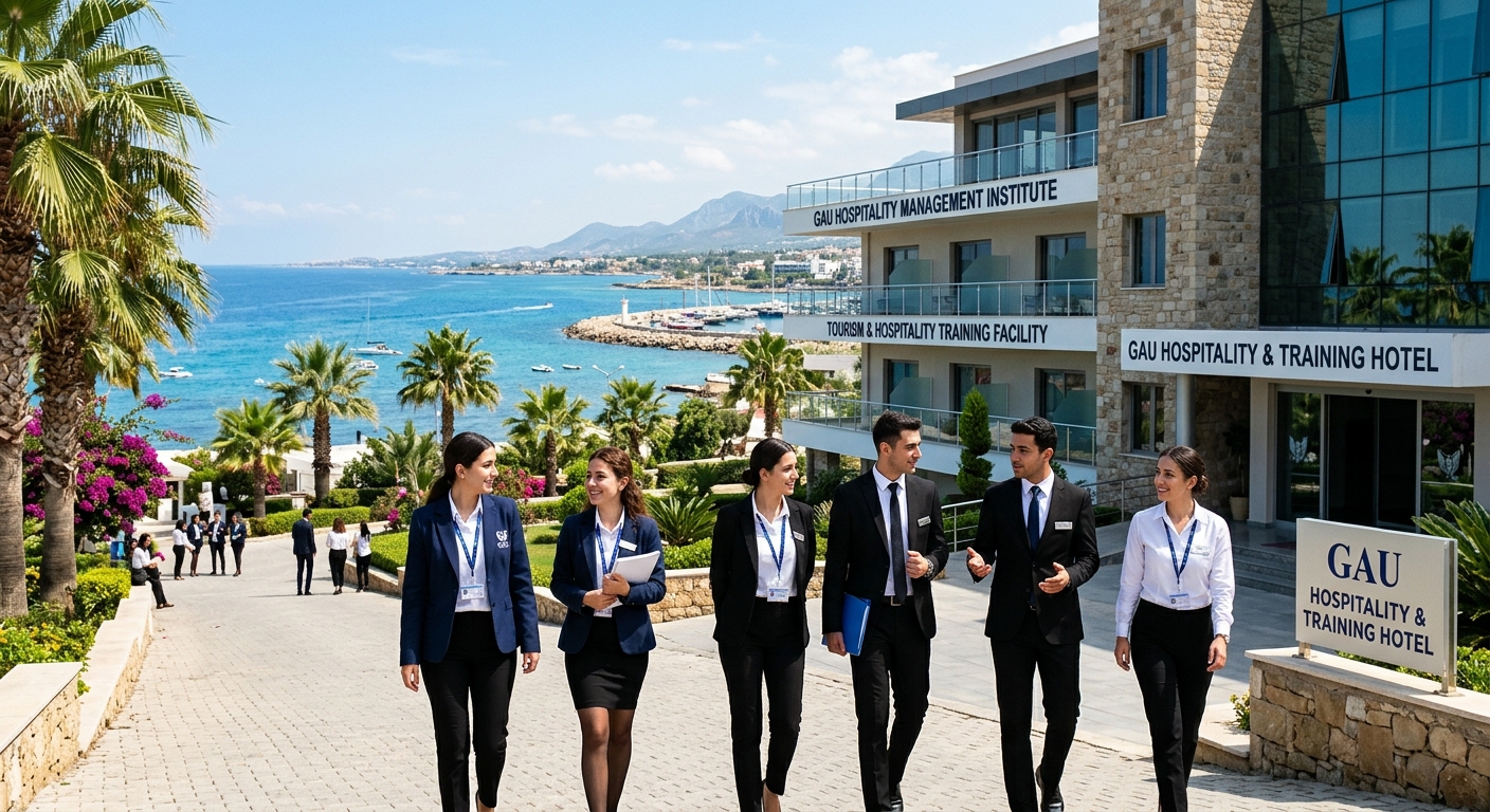 Modern university campus in Kyrenia Northern Cyprus with Mediterranean Sea in background, tourism and hospitality students in professional attire near a training hotel facility, palm trees and bright sunshine