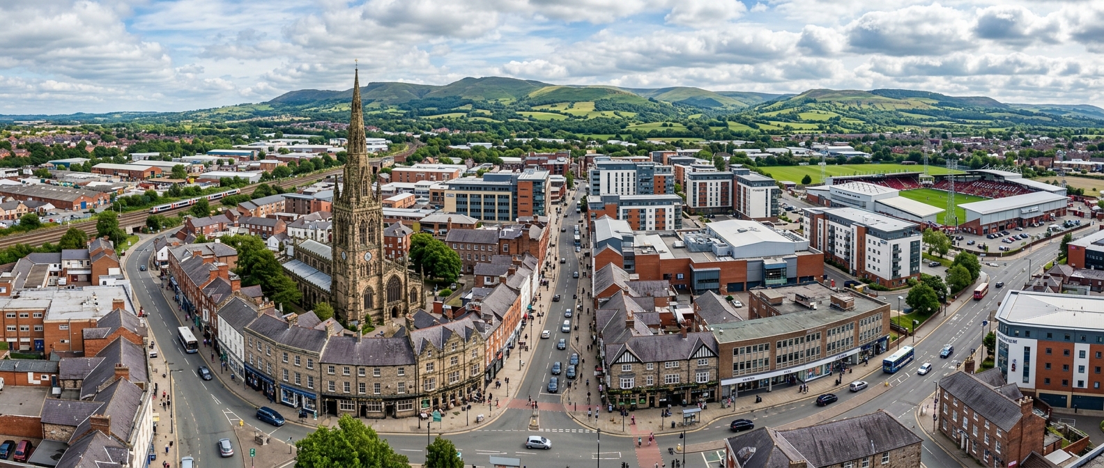 Panoramic view of Wrexham city centre showing historic St Giles' Church tower, modern buildings, the Racecourse Ground football stadium, and green Welsh hills in the background