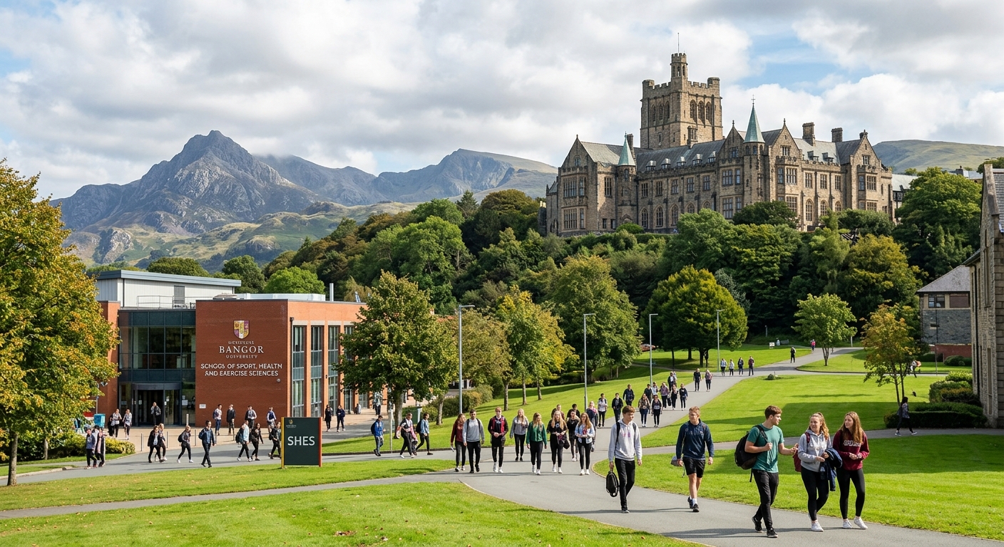 Bangor University campus with the historic Main Arts Building on the hill, Snowdonia mountains visible in the background, students walking across green grounds near the School of Sport, Health and Exercise Sciences, bright natural light with dramatic Welsh landscape