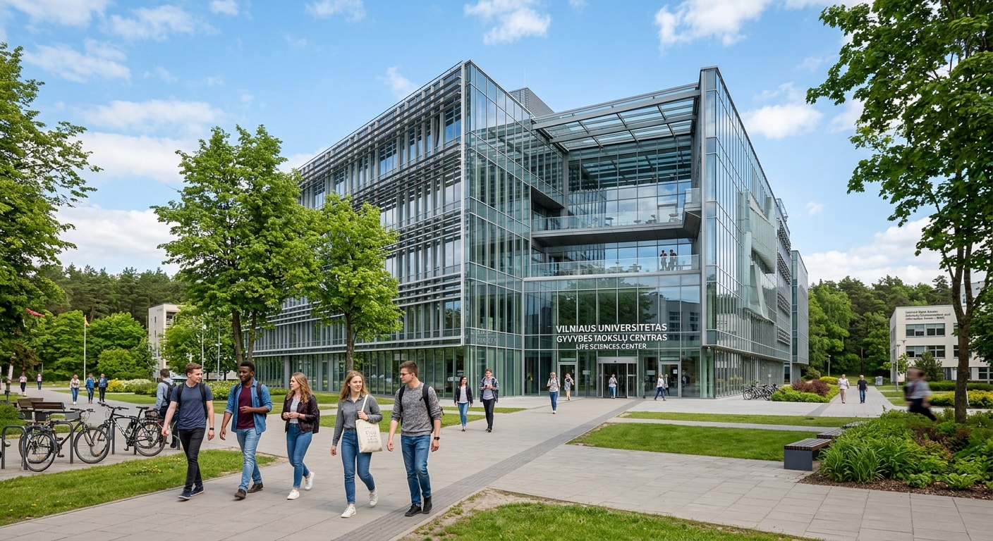 Modern Life Sciences Center building at Vilnius University Sauletekio campus, glass-fronted research facility with students walking outside, green trees and blue sky in Vilnius Lithuania