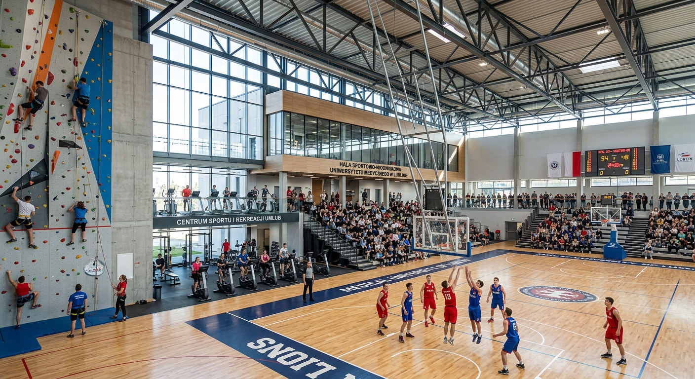 Sports and entertainment hall at Medical University of Lublin, large indoor arena with basketball court, fitness area, climbing wall, modern architecture