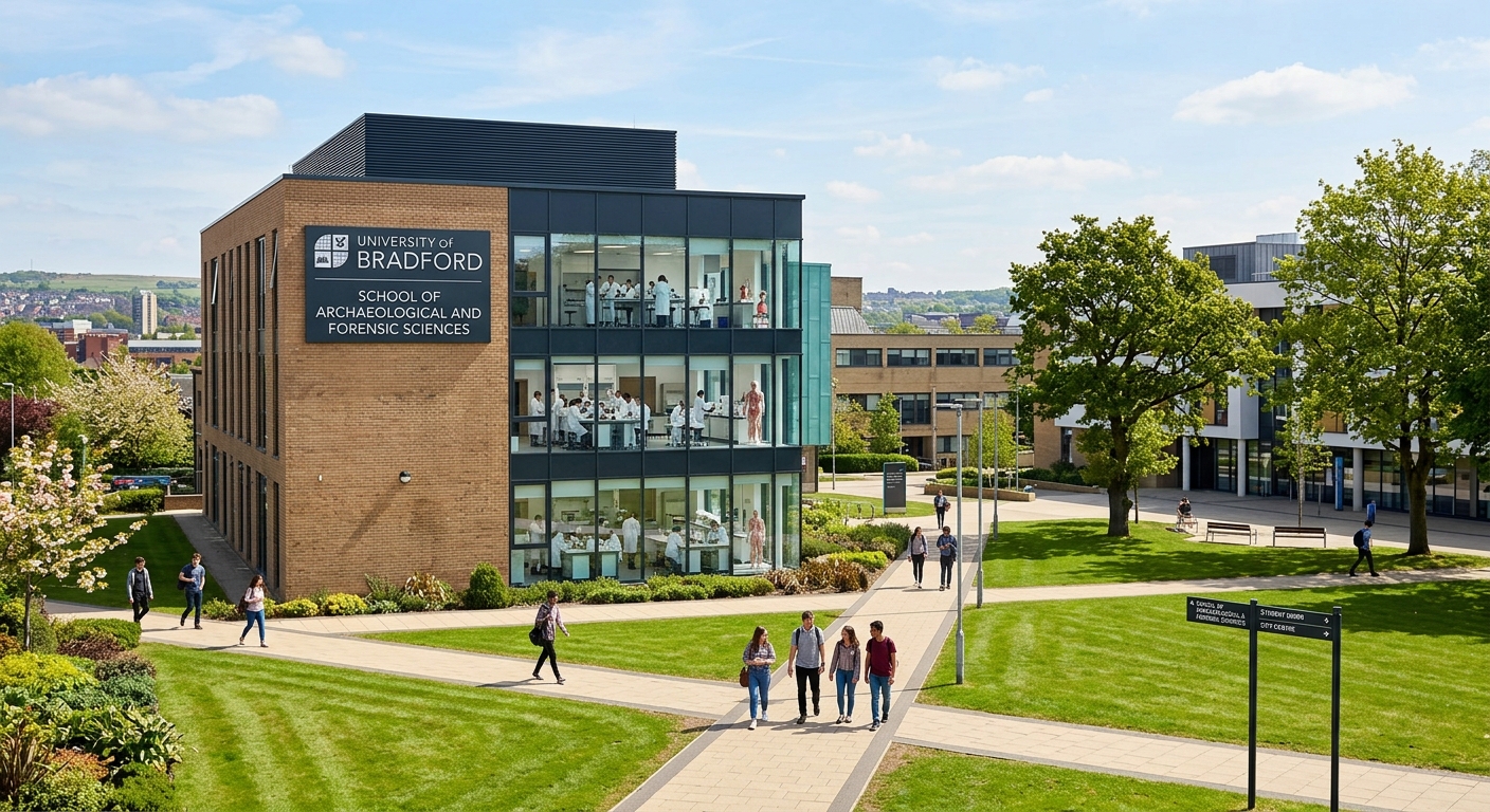 University of Bradford campus with the School of Archaeological and Forensic Sciences building, modern laboratory facilities visible, green lawns and pathways in West Yorkshire, England
