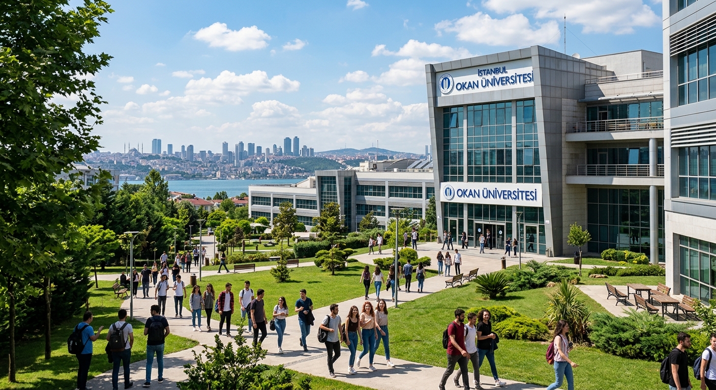 Istanbul Okan University modern Tuzla campus with green courtyard, students walking between contemporary faculty buildings, Istanbul skyline visible in the background, sunny day