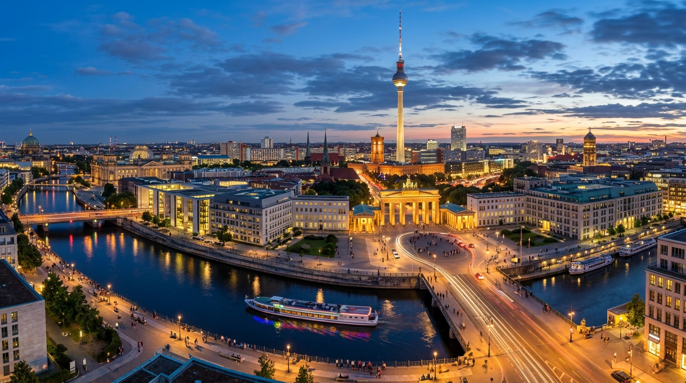Berlin cityscape panorama, Brandenburg Gate illuminated at dusk, Fernsehturm TV tower in background, Spree River reflections, vibrant urban atmosphere