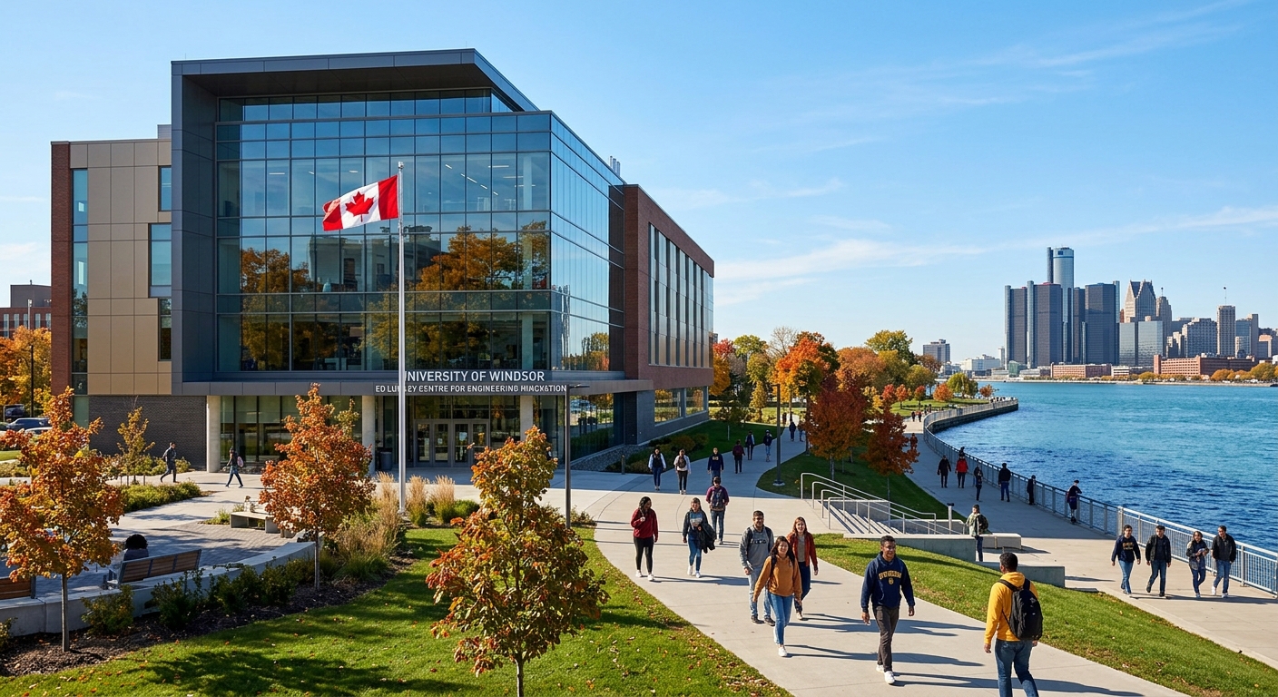 Modern engineering building at University of Windsor campus with glass facade, students walking along pathways near the Detroit River waterfront, Canadian flag visible, autumn trees and clear sky