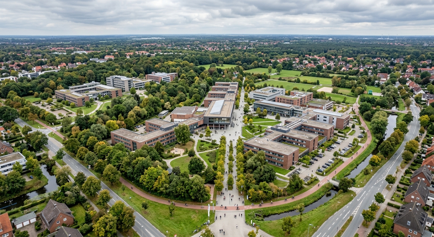 Carl von Ossietzky University of Oldenburg aerial campus view, modern university buildings surrounded by lush green spaces, bicycle paths, and tree-lined walkways in Lower Saxony, Germany, overcast sky typical of northern Germany