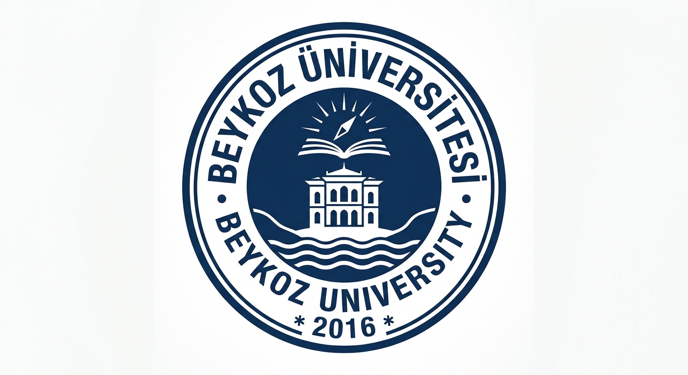 Beykoz University official logo, dark blue and white color scheme, circular emblem with university name in Turkish and English