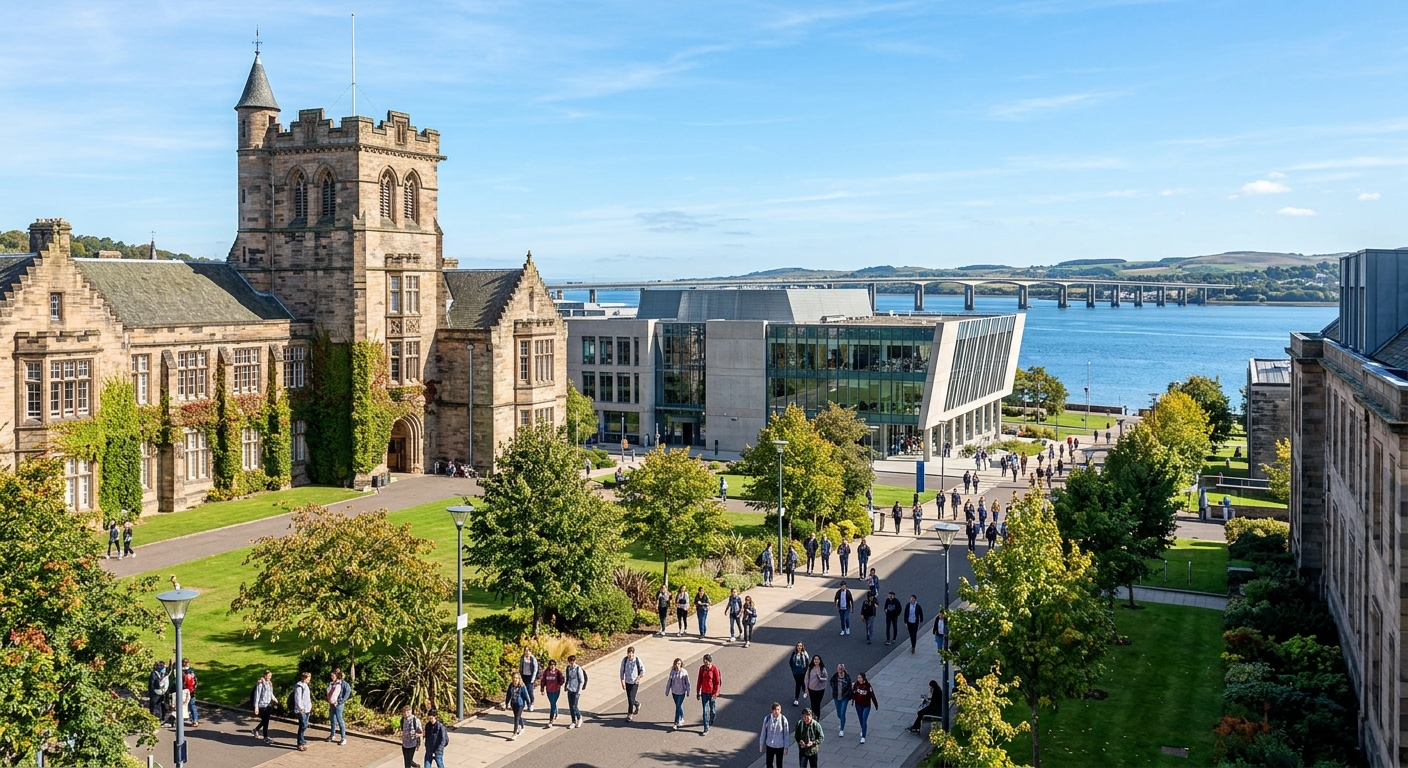 University of Dundee campus in Scotland with historic stone buildings, modern lecture halls, and the River Tay visible in the background under a clear sky, students walking along tree-lined paths