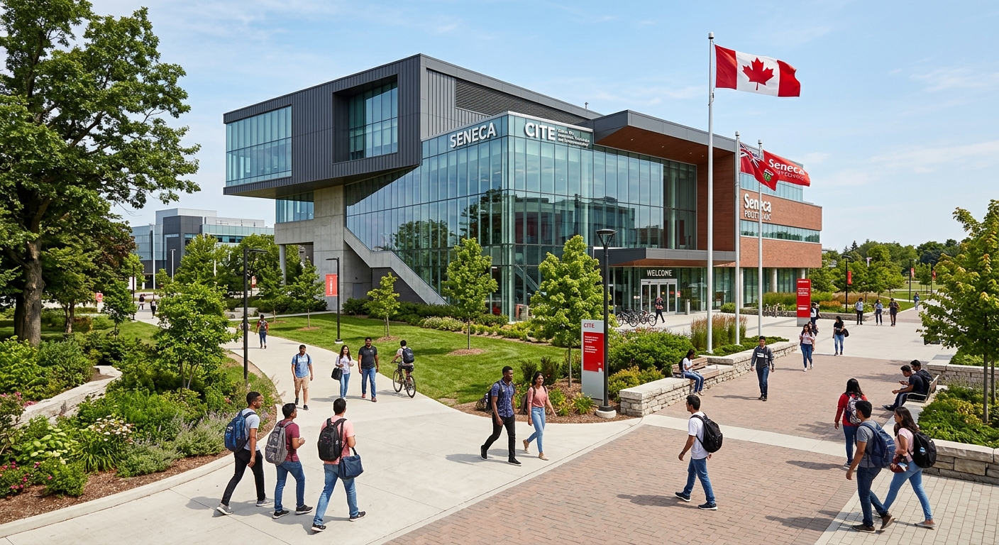 Modern Seneca Polytechnic campus building in Toronto with students walking along pathways, green landscaping, contemporary architecture with glass facades, Canadian flag visible