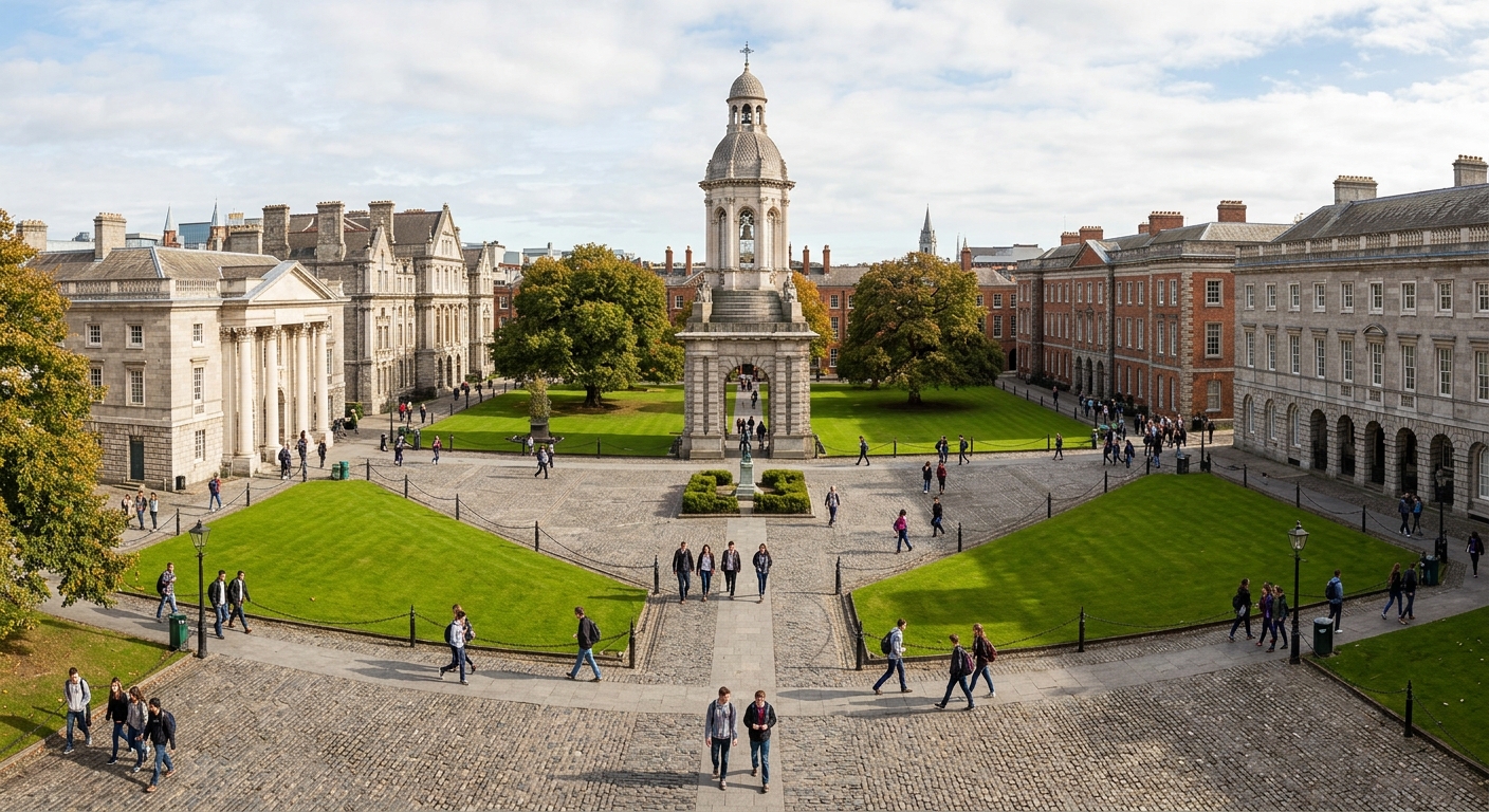 Trinity College Dublin campus wide shot showing the iconic Front Square with cobblestone paths, the Campanile bell tower in the center, Georgian architecture buildings, green lawns, and students walking through the historic 47-acre campus in Dublin city centre