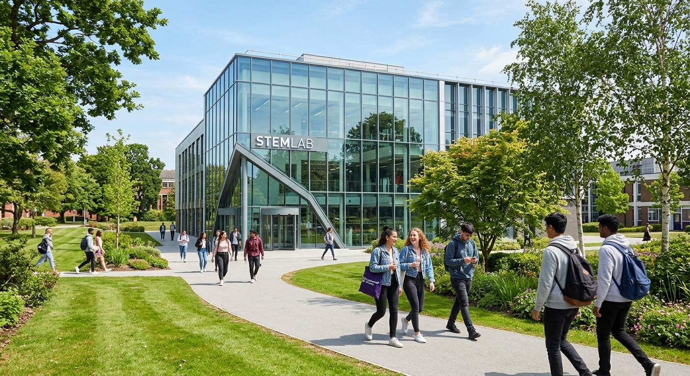 Loughborough University modern STEMLab building with glass facade, students walking along pathways surrounded by green lawns and mature trees on a sunny day