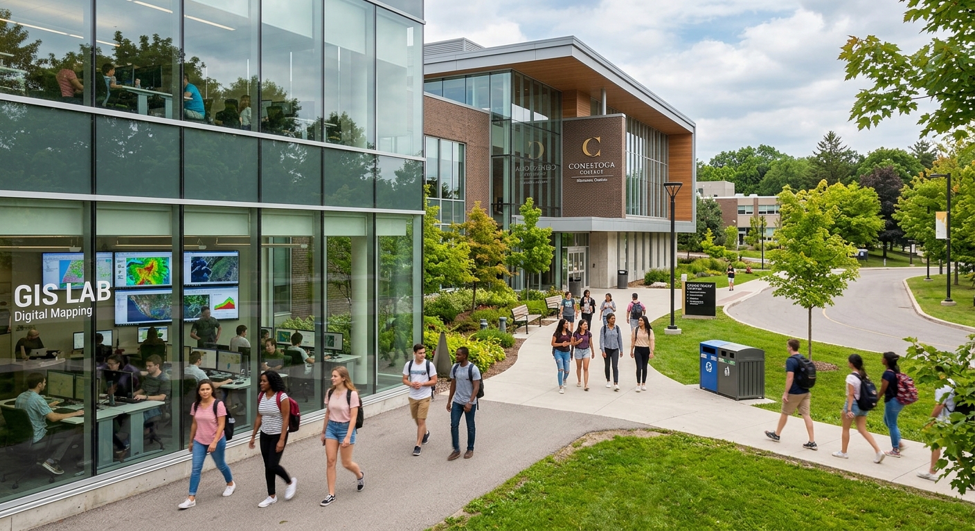 Modern college campus building at Conestoga College in Kitchener Ontario Canada, students walking on pathways surrounded by green landscaping, GIS lab visible through large windows with digital mapping displays