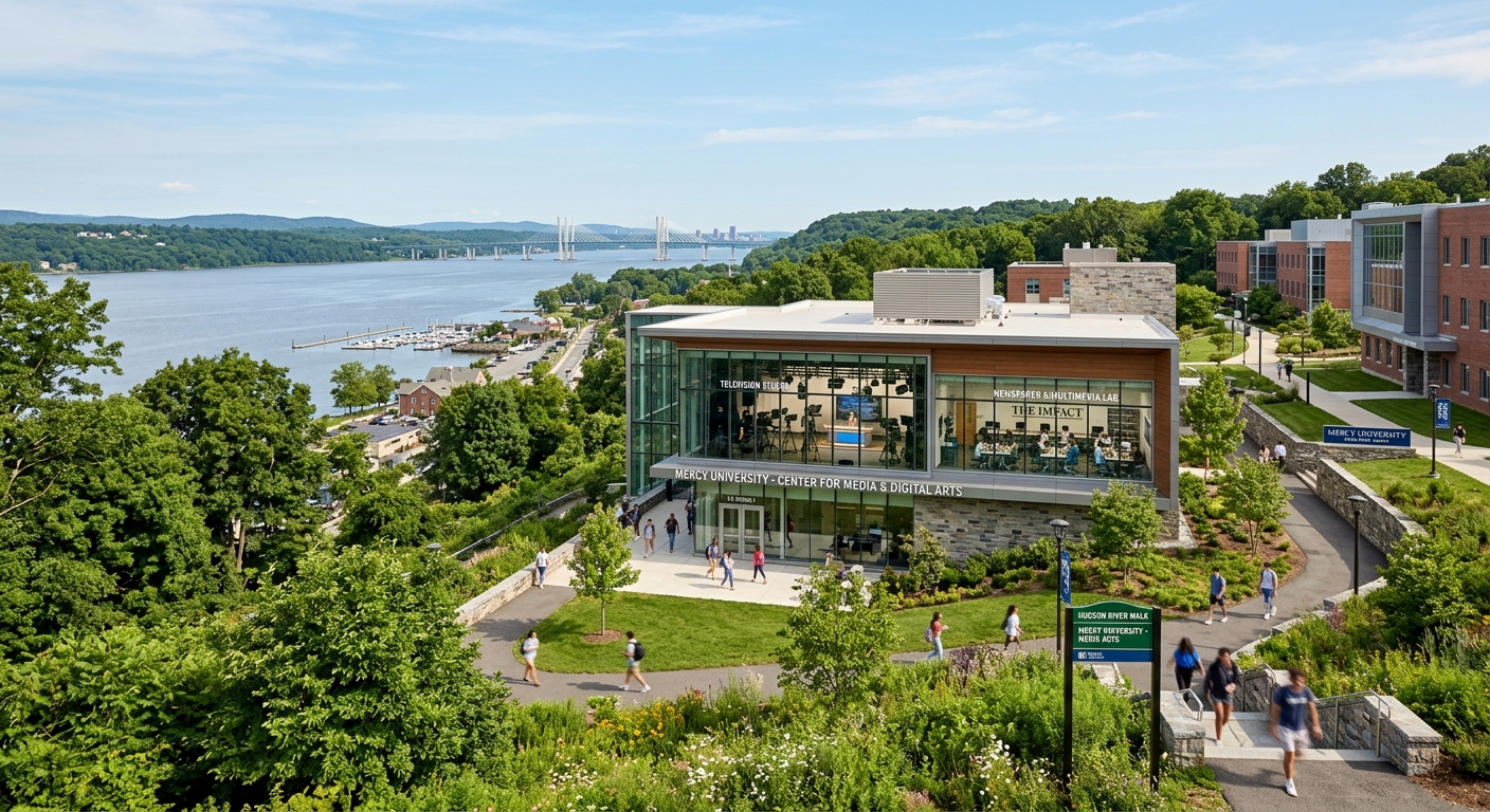 Mercy University Dobbs Ferry campus with modern media production facilities, newspaper lab and television studios, lush green surroundings along the Hudson River in Westchester County, New York