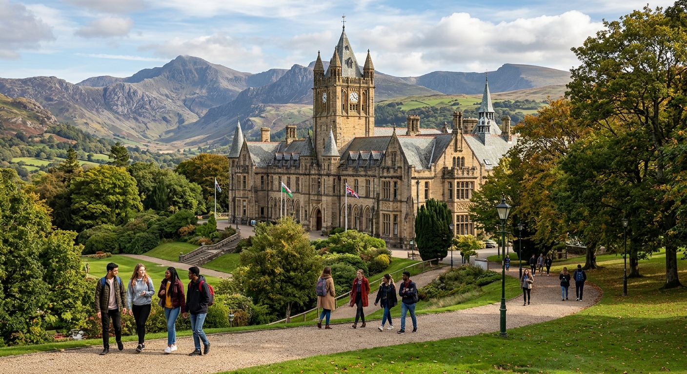 Historic Bangor University main arts building with Victorian architecture, set against the dramatic backdrop of Snowdonia mountains and lush green Welsh landscape, students walking along tree-lined pathways