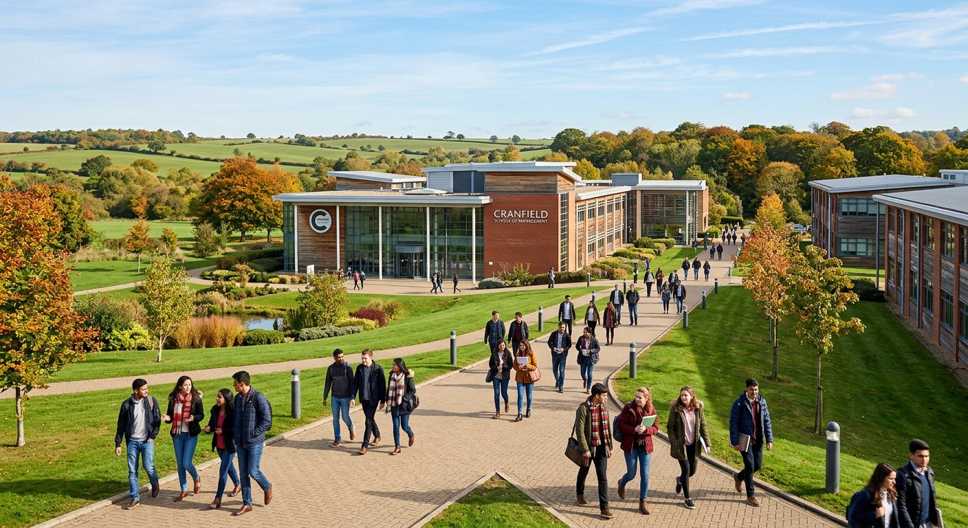 Cranfield School of Management campus in Bedfordshire, modern business school building surrounded by green countryside, students walking between lecture halls, bright autumn day with clear skies