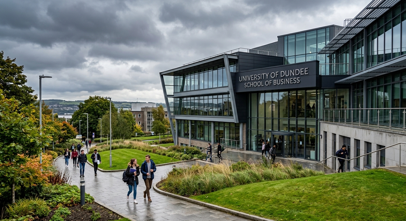 University of Dundee School of Business campus building in Dundee Scotland, modern architecture with glass facades, students walking along pathways with green landscaping, overcast Scottish sky