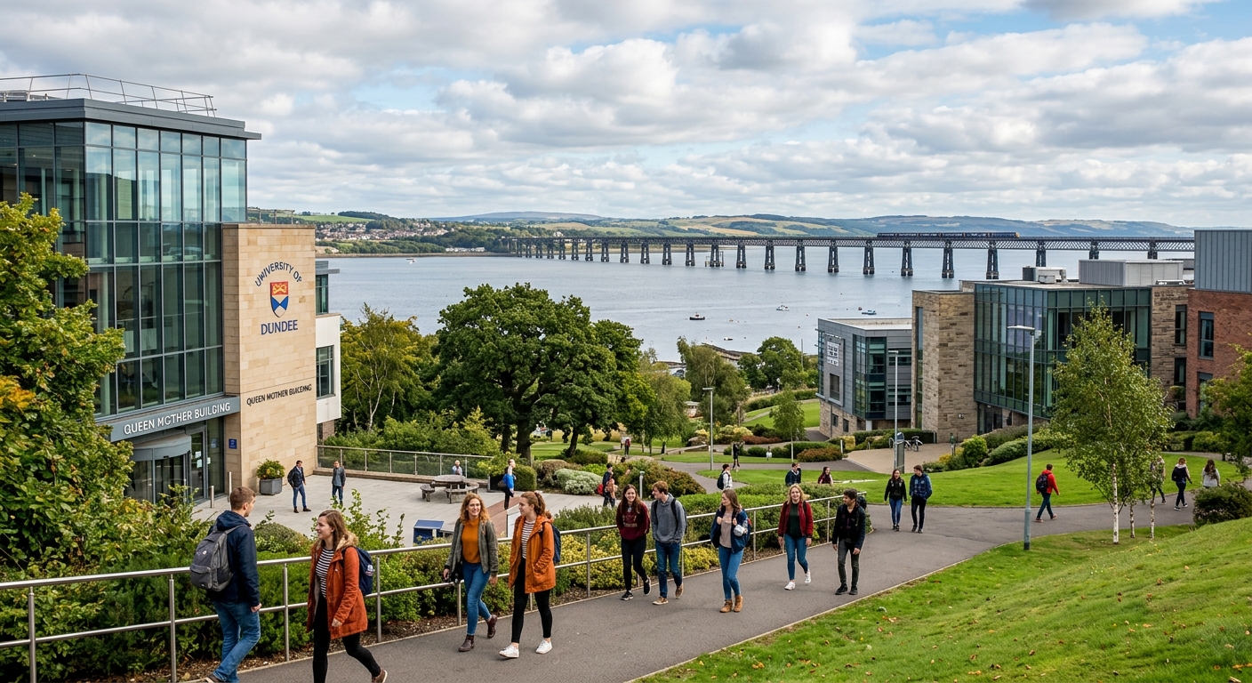 University of Dundee campus overlooking the River Tay in Scotland, modern academic buildings surrounded by green spaces, students walking along pathways with views of the Tay Rail Bridge in the background