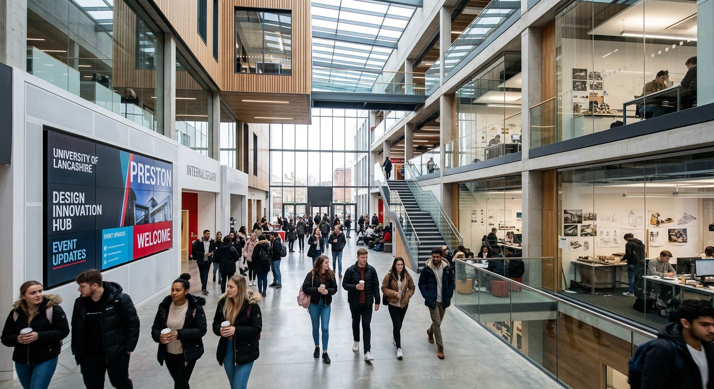 Modern university campus building at the University of Lancashire in Preston, students walking through a contemporary atrium with digital screens and design studios visible, bright daylight streaming through glass walls